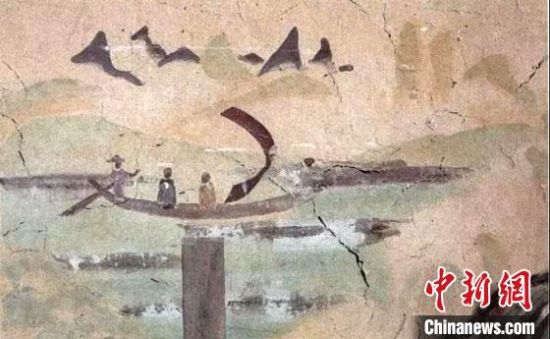 “一人搖櫓晃扁舟，兩人撐篙水上漂。”圖為莫高窟第323窟《搖櫓帆船》（初唐）?！《鼗脱芯吭汗﹫D