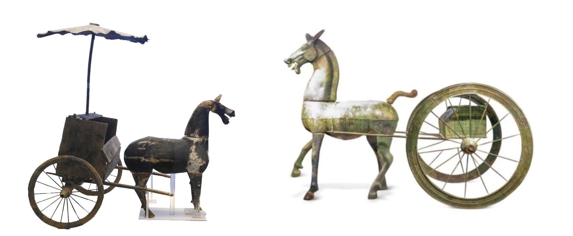 △左為漢代木軺車，藏于青海省博物館；右為東漢銅車馬，藏于黔西南州博物館。